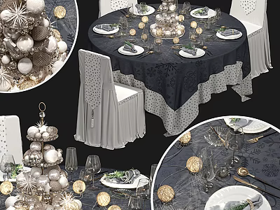 Elegant Tableware Set With Dark Tablecloth White Chairs And Decorative Ornaments 3d model