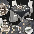 Elegant Tableware Set With Dark Tablecloth White Chairs And Decorative Ornaments 3d model