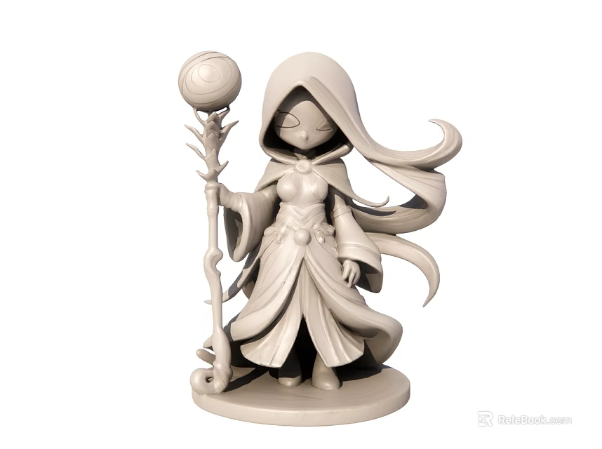 Detailed Wizard Statue With Flowing Cloak Holding Orb Staff 3d model