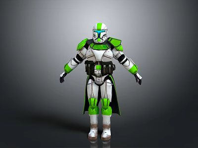 3D Model Of Futuristic Sci Fi Character With White And Green Armor Helmet And Cloak 3d model