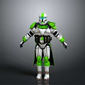 3D Model Of Futuristic Sci Fi Character With White And Green Armor Helmet And Cloak