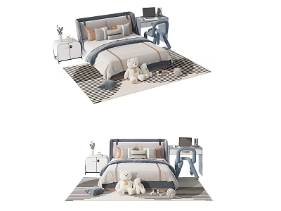 Cozy Kids Bed with Pillows Quilt Desk Nightstand on Striped Rug and Stuffed Bear 3d model