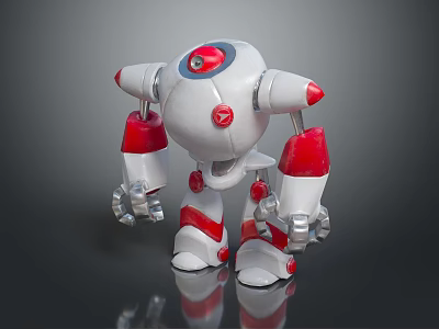 Cartoon Style Robot Character in Game with White Red Color Round Head and Claw Hands 3d model