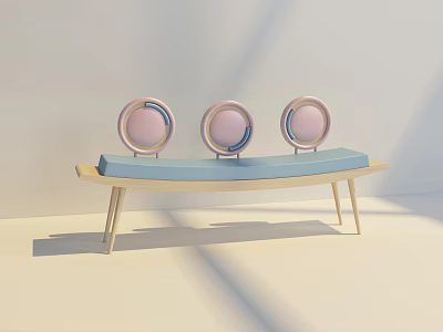 Three Pink Round Dolls on Light Blue Wooden Bench with Light Wall and Sunlight Shadows 3d model