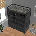 Modern Black Kitchen Cabinet With Transparent Glass Doors Wooden Floor Window Blinds And Green Plant