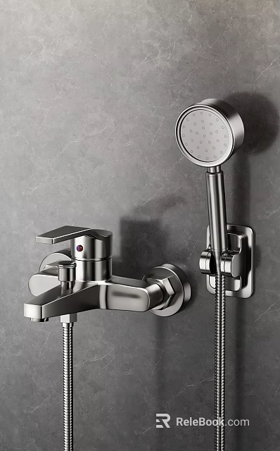 Chrome Wall Mounted Shower Faucet with Handheld Head Modern Design on Gray Wall 3d model 