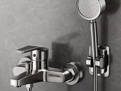 Chrome Wall Mounted Shower Faucet with Handheld Head Modern Design on Gray Wall 3d model