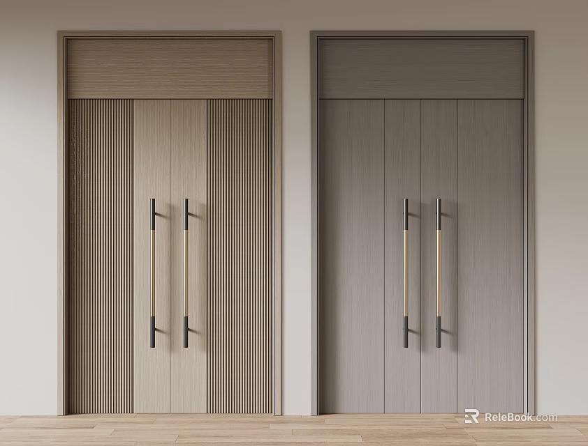 Modern Wooden Double Doors With Vertical Stripes And Metal Handles In Light Gray Tones 3d model 