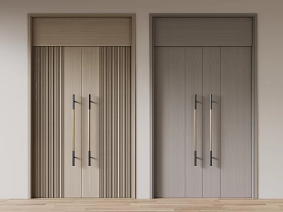 Modern Wooden Double Doors With Vertical Stripes And Metal Handles In Light Gray Tones 3d model