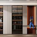 Modern Decorative Cabinet With Glass Doors Built in Lighting And Blue Figurine