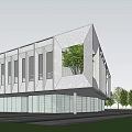 Modern Sales Office Building With Large Glass Windows And Front Lawn Landscape