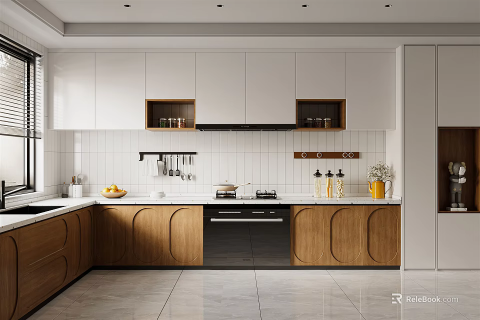 Modern Kitchen Interior Design with White Tiled Backsplash Wooden Cabinets Countertop and Utensil Rack 3d model 