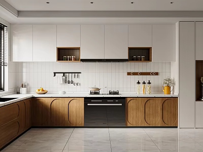 Modern Kitchen Interior Design with White Tiled Backsplash Wooden Cabinets Countertop and Utensil Rack 3d model