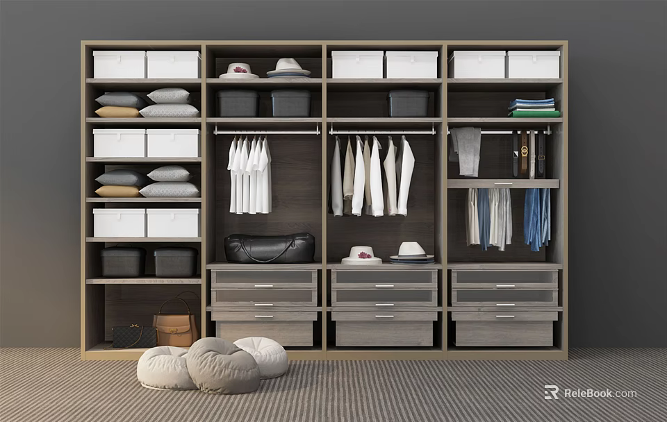 Modern Wardrobe Storage Design With Hanging Shirts Folded Clothes Storage Boxes And Drawers 3d model 