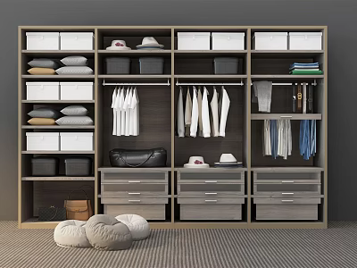 Modern Wardrobe Storage Design With Hanging Shirts Folded Clothes Storage Boxes And Drawers 3d model