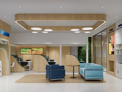 Modern Service Hall Interior With Sofas Tables And Reception Area 3d model
