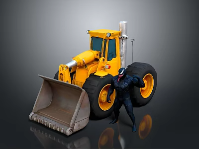 Yellow Construction Loader With Large Front Bucket Standing Next To Black Figure 3d model