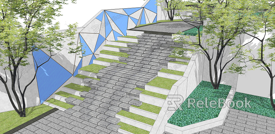 Geometric landscape wall of step terrace in modern step residential area model