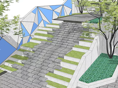 Outdoor Staircase With Gray Stone Slabs Green Lawn And Geometric Blue White Structure In Garden Area 3d model