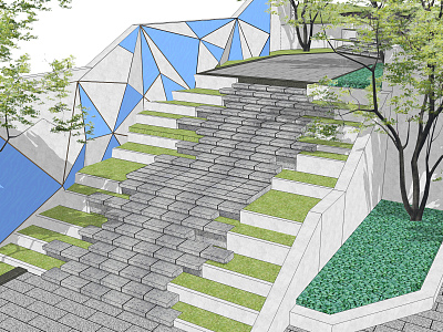 Geometric landscape wall of step terrace in modern step residential area model