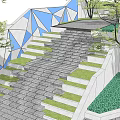 Outdoor Staircase With Gray Stone Slabs Green Lawn And Geometric Blue White Structure In Garden Area