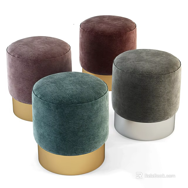 Stylish Round Velvet Ottoman Stools With Metal Bases In Multiple Colors 3d model 