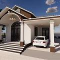 Detached House White Exterior Dark Roof Covered Porch Columns White Car Front Steps Green Trees