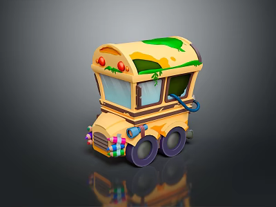 Cute Cartoon Yellow Cart With Green Yellow Toppings Red Lights Purple Wheels And Colorful Trim 3d model