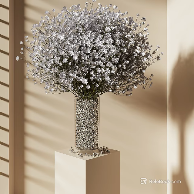 Small White Flowers in Silver Textured Vase on White Cube Pedestal with Beige Wall Shadows 3d model 