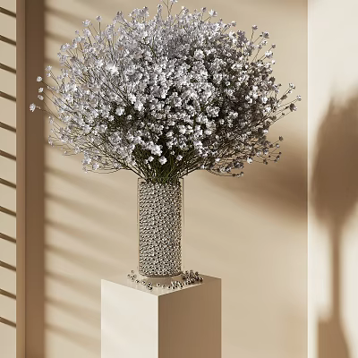 Small White Flowers in Silver Textured Vase on White Cube Pedestal with Beige Wall Shadows 3d model