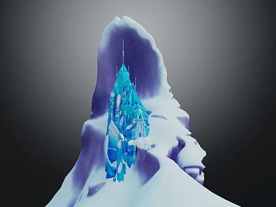 Iceberg Structure With Blue Icy Crystal Building Inside Snow Covered Mountain Peak And Dark Background 3d model