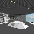Modern Exhibition Hall Interior With Yellow Chairs And White Display Structures 3d model