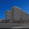 Modern Commercial Street Scene With High Rise Buildings Vehicles And Pedestrians