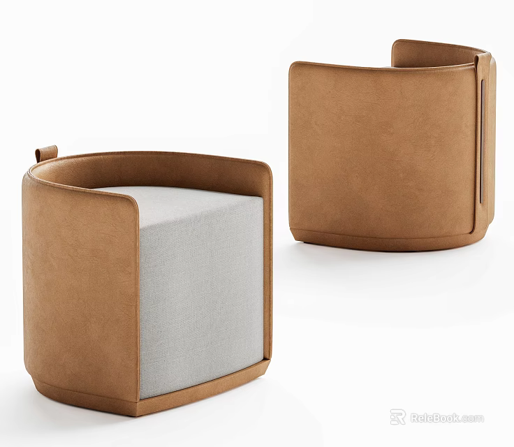 Modern Brown And Gray Sofa Stools With Curved Leather Upholstered Soft Padded Design 3d model 