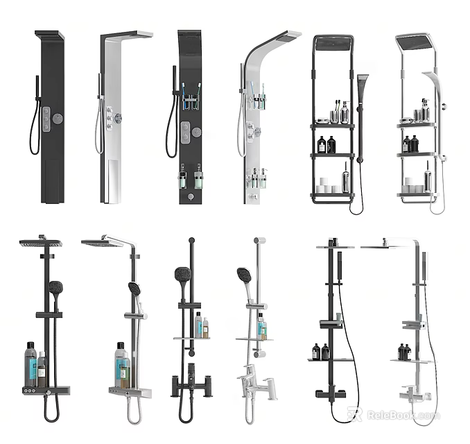 Shower Faucet Systems With Various Designs Handheld Rainfall Heads And Storage Shelves Black White Colors 3d model 