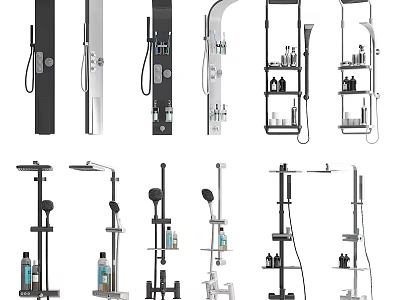 Shower Faucet Systems With Various Designs Handheld Rainfall Heads And Storage Shelves Black White Colors 3d model