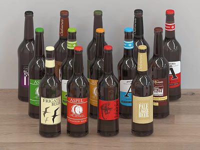 Assorted Bottled Beverages Display On Wooden Table 3d model Assorted Bottled Beverages Display On Wooden Table 3d model
