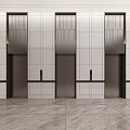 Modern Elevator Lobby With Three Dark Doors Light Tiled Walls And Marble Patterned Flooring 3d model