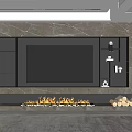 Modern TV Wall Design With Marble Backdrop Built in TV Wooden Shelves And Fireplace Flames