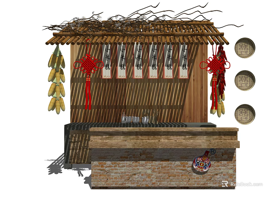 Traditional Reception Desk With Bamboo Structure Thatched Roof And Hanging Red Knots 3d model 