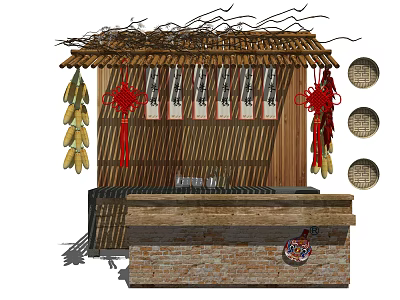 Traditional Reception Desk With Bamboo Structure Thatched Roof And Hanging Red Knots 3d model