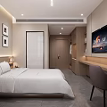 Modern Hotel Guest Room With King Bed White Bedding Wooden Accent Wall Desk And TV