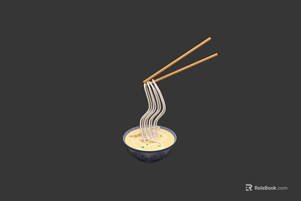 Hot Noodles In Soup Bowl Being Lifted With Chopsticks And Green Herbs 3d model 