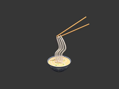 Hot Noodles In Soup Bowl Being Lifted With Chopsticks And Green Herbs 3d model