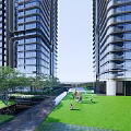 Modern High Rise Residential Building With Glass Curtain Walls And Green Surroundings