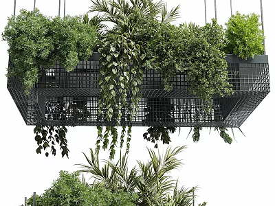 Hanging Black Grid Planter with Multiple Green Potted Plants Trailing Vines and Upright Greenery 3d model