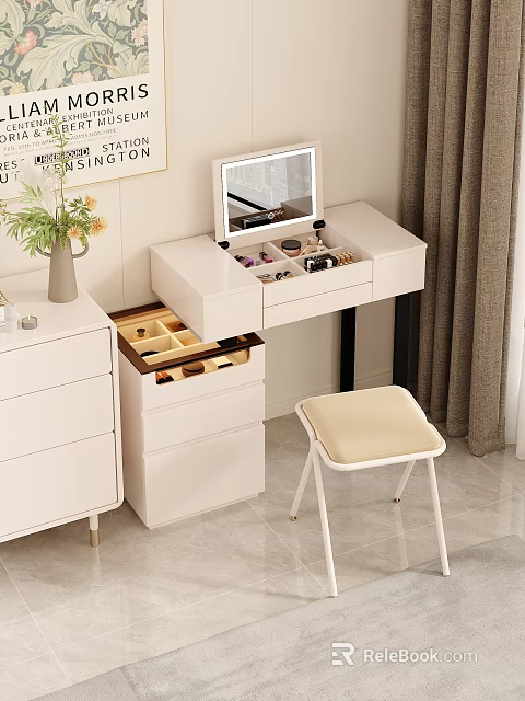 Modern White Desk and Chair Set with Mirror Drawers and Beige Cushioned Stool 3d model 
