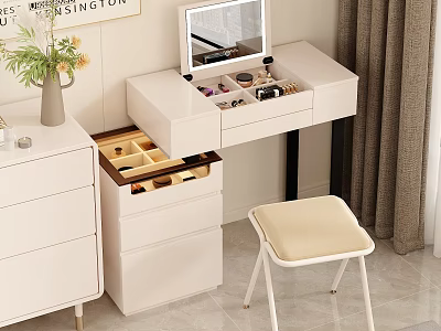 Modern White Desk and Chair Set with Mirror Drawers and Beige Cushioned Stool 3d model