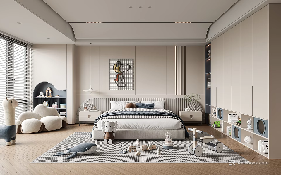 Modern Kids Room With Bed Snoopy Painting Stuffed Toys Toy Car White Chair And Bookshelf 3d model 
