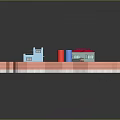 Cartoon Scene With Colorful Buildings Brick Wall Fence Green Red Roofs And Small Houses